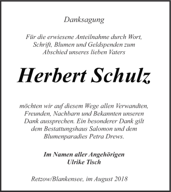 Traueranzeige von Herbert Schulz von Pasewalker Zeitung