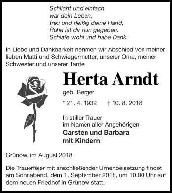 Traueranzeige von Herta Arndt von Prenzlauer Zeitung