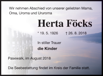 Traueranzeige von Herta Föcks von Haff-Zeitung