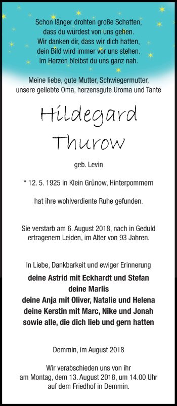 Traueranzeige von Hildegard Thurow von Demminer Zeitung