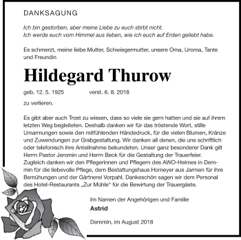 Traueranzeige von Hildegard Thurow von Demminer Zeitung