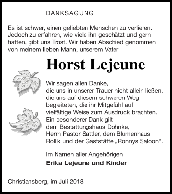 Traueranzeige von Horst Lejeune von Haff-Zeitung