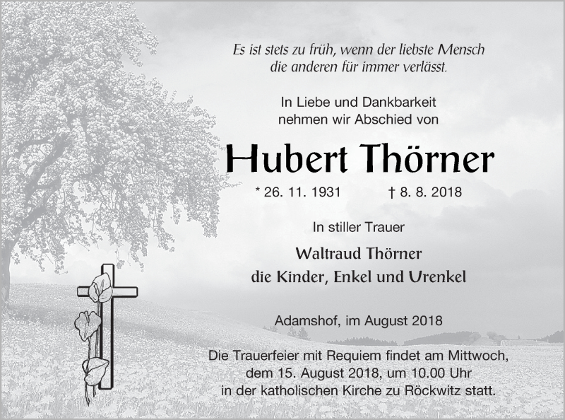  Traueranzeige für Hubert Thörner vom 10.08.2018 aus Neubrandenburger Zeitung