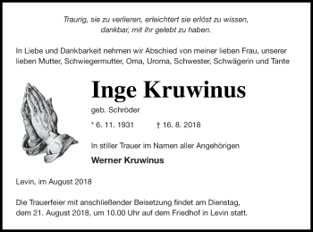 Traueranzeige von Inge Kruwinus von Mecklenburger Schweiz