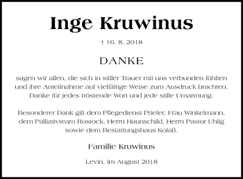 Traueranzeige von Inge Kruwinus von Mecklenburger Schweiz