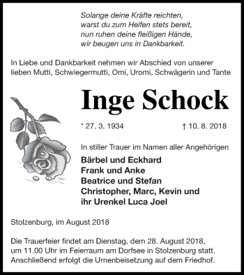 Traueranzeige von Inge Schock von Pasewalker Zeitung