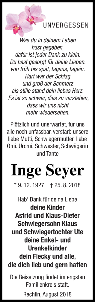 Traueranzeige von Inge Seyer von Müritz-Zeitung