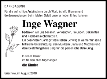 Traueranzeige von Inge Wagner von Mecklenburger Schweiz