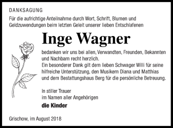 Traueranzeige von Inge Wagner von Mecklenburger Schweiz