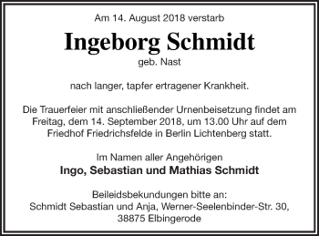 Traueranzeige von Ingeborg Schmidt von Demminer Zeitung