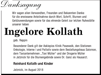 Traueranzeige von Ingelore Kollath von Pasewalker Zeitung