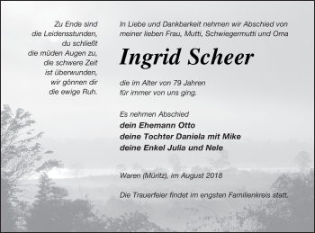 Traueranzeige von Ingrid Scheer von Müritz-Zeitung