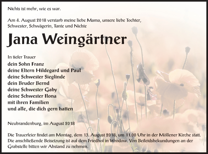  Traueranzeige für Jana Weingärtner vom 08.08.2018 aus Neubrandenburger Zeitung