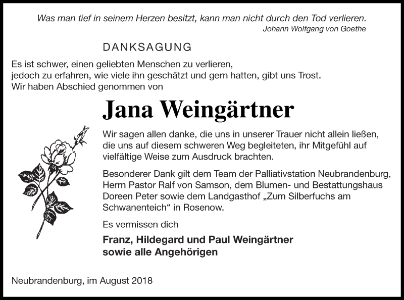  Traueranzeige für Jana Weingärtner vom 22.08.2018 aus Neubrandenburger Zeitung