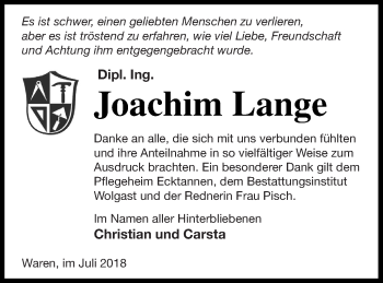 Traueranzeige von Joachim Lange von Müritz-Zeitung