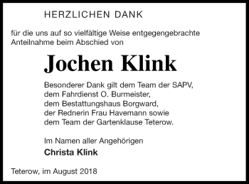 Traueranzeige von Jochen Klink von Mecklenburger Schweiz