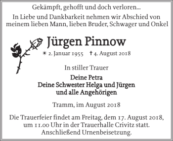 Traueranzeige von Jürgen Pinnow von Zeitung für die Landeshauptstadt