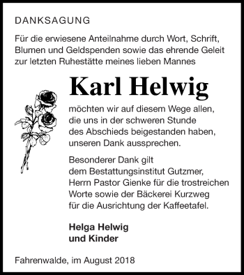 Traueranzeige von Karl Helwig von Pasewalker Zeitung