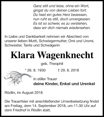 Traueranzeige von Klara Wagenknecht von Strelitzer Zeitung