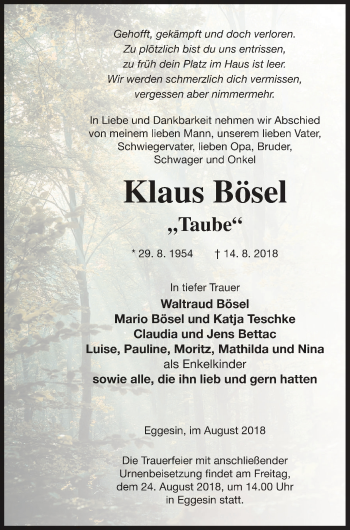 Traueranzeige von Klaus Bösel von Haff-Zeitung