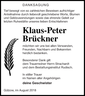 Traueranzeige von Klaus-Peter Brückner von Mecklenburger Schweiz