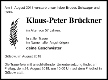 Traueranzeige von Klaus-Peter Brückner von Mecklenburger Schweiz