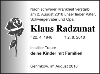 Traueranzeige von Klaus Radzunat von Demminer Zeitung