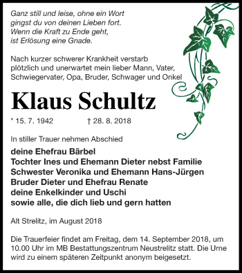 Traueranzeige von Klaus Schultz von Strelitzer Zeitung