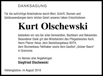 Traueranzeige von Kurt Olschewski von Prenzlauer Zeitung