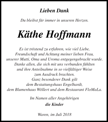 Traueranzeige von Käthe Hoffmann von Müritz-Zeitung