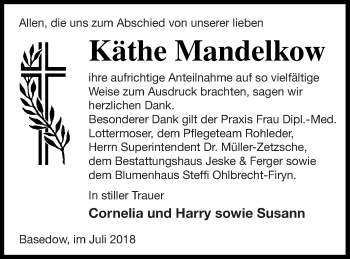 Traueranzeige von Käthe Mandelkow von Prenzlauer Zeitung