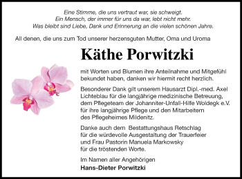 Traueranzeige von Käthe Porwitzki von Strelitzer Zeitung