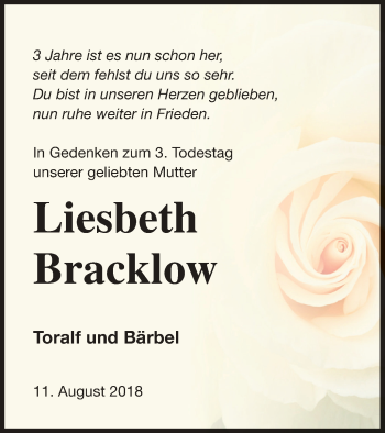 Traueranzeige von Liesbeth Bracklow von Nordkurier Gesamtausgabe