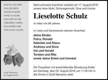 Traueranzeige von Lieselotte Schulz von Neubrandenburger Zeitung