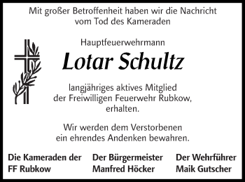 Traueranzeige von Lotar Schultz von Vorpommern Kurier