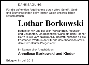 Traueranzeige von Lothar Borkowski von Mecklenburger Schweiz