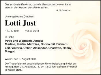 Traueranzeige von Lotti Just von Müritz-Zeitung