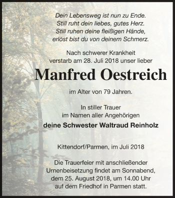 Traueranzeige von Manfred Oestreich von Mecklenburger Schweiz