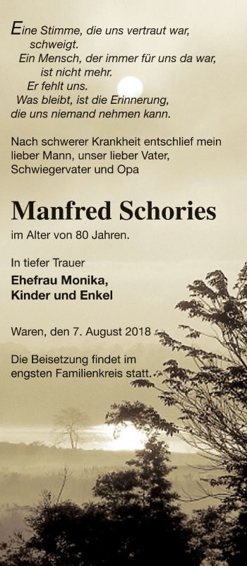 Traueranzeige von Manfred Schories von Müritz-Zeitung