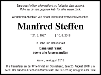 Traueranzeige von Manfred Steffen von Müritz-Zeitung