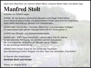 Traueranzeige von Manfred Stolt von Müritz-Zeitung