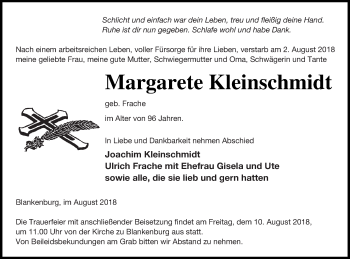 Traueranzeige von Margarete Kleinschmidt von Prenzlauer Zeitung