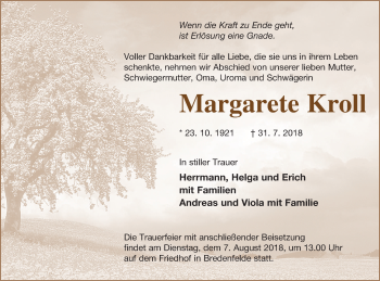 Traueranzeige von Margarete Kroll von Mecklenburger Schweiz