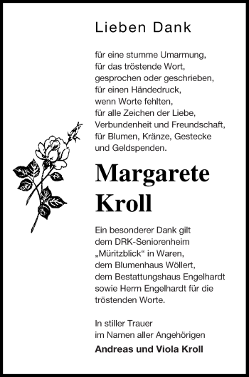 Traueranzeige von Margarete Kroll von Mecklenburger Schweiz