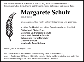 Traueranzeige von Margarete Schulz von Prenzlauer Zeitung