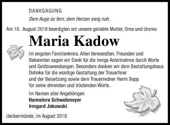 Traueranzeige von Maria Kadow von Haff-Zeitung