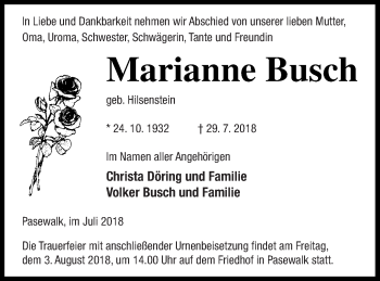Traueranzeige von Marianne Busch von Pasewalker Zeitung