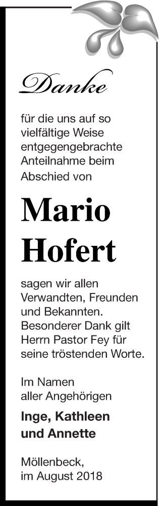 Traueranzeige von Mario Hofert von Strelitzer Zeitung