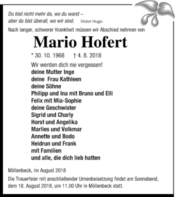 Traueranzeige von Mario Hofert von Strelitzer Zeitung