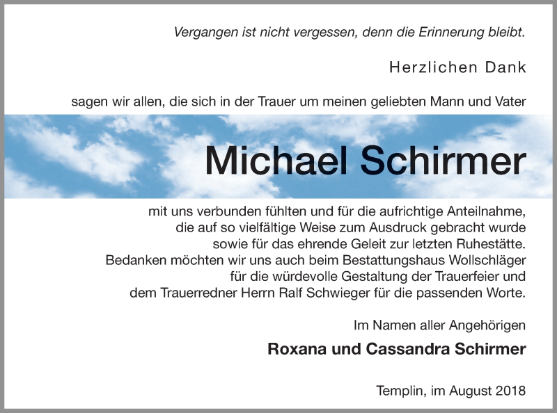  Traueranzeige für Michael Schirmer vom 11.08.2018 aus Strelitzer Zeitung
